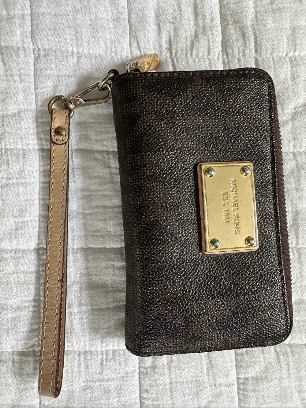 Michael Kors Dark Brown Zip Wristlet with Gold Plate